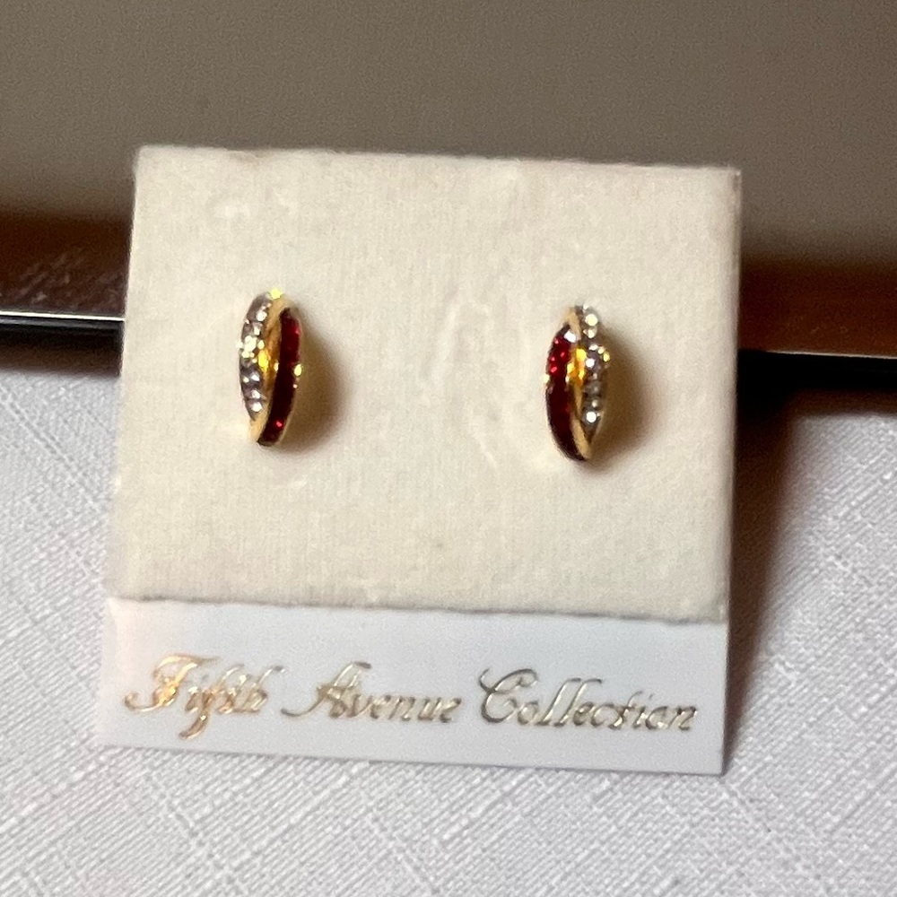 Fifth Avenue Collection Gold & Red Austrian Crystal Hoop Earrings. Vintage. New